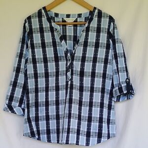 Christopher & Banks Navy and Light Blue Plaid Blouse, SizeM